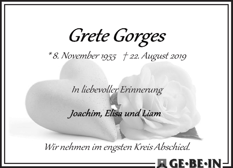 Traueranzeige für Grete Gorges vom 31.08.2019 aus WESER-KURIER
