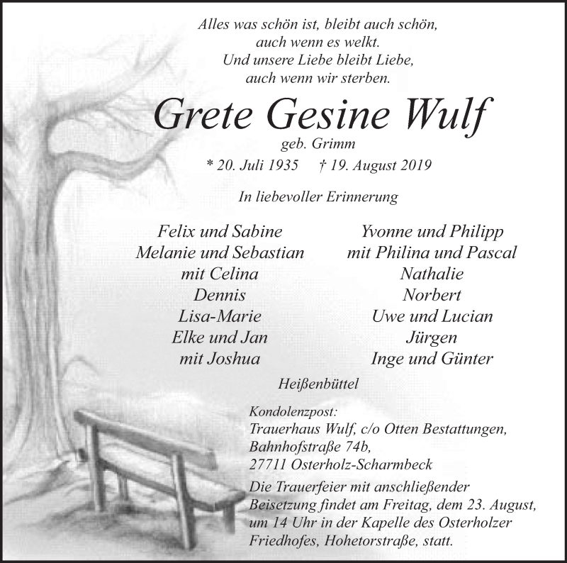  Traueranzeige für Grete Gesine Wulf vom 22.08.2019 aus Osterholzer Kreisblatt