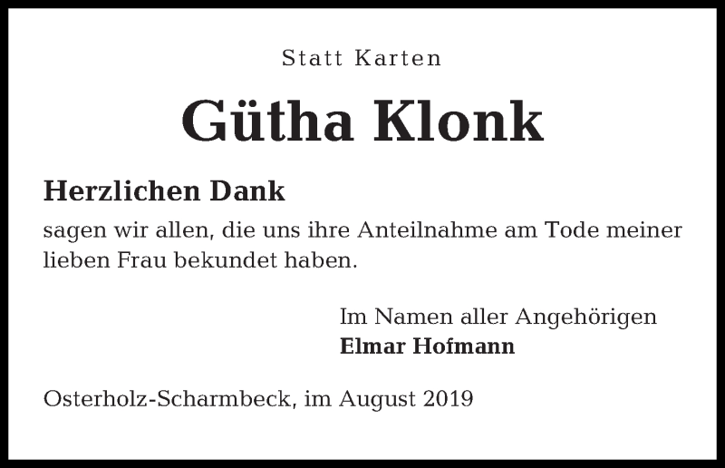 Traueranzeige von Gütha Klonk von Osterholzer Kreisblatt