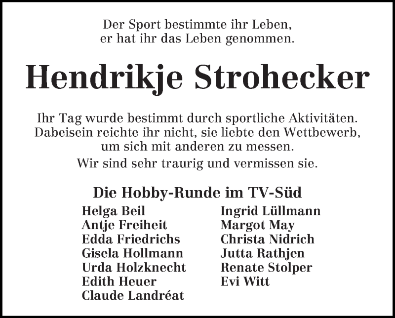 Traueranzeige von Hendrikje Strohecker von WESER-KURIER