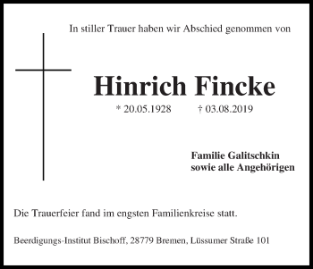 Traueranzeige von Hinrich Fincke