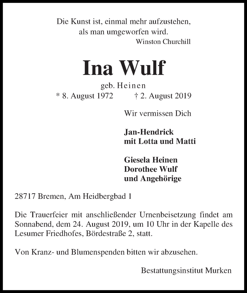  Traueranzeige für Ina Wulf vom 10.08.2019 aus Osterholzer Kreisblatt