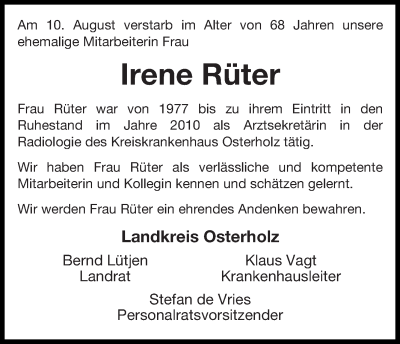  Traueranzeige für Irene Rüter vom 15.08.2019 aus Osterholzer Kreisblatt