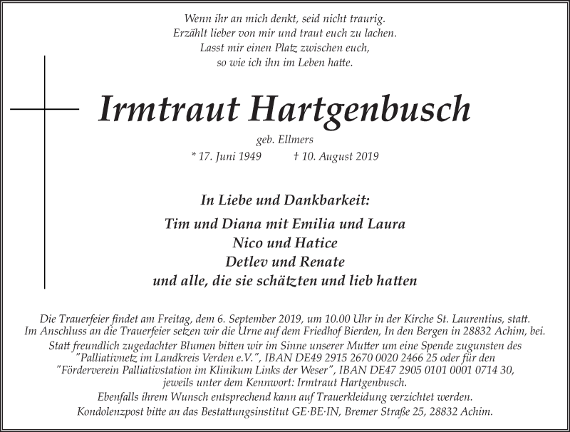  Traueranzeige für Irmtraut Hartgenbusch vom 24.08.2019 aus WESER-KURIER