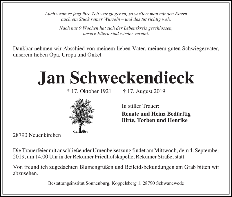 Traueranzeige von Jan Schweckendieck von Die Norddeutsche