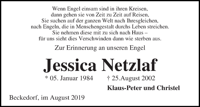  Traueranzeige für Jessica Netzlaf vom 24.08.2019 aus Die Norddeutsche