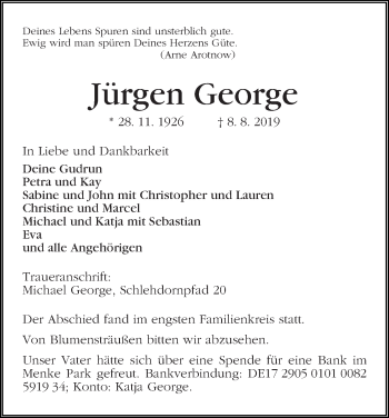 Traueranzeige von Jürgen George
