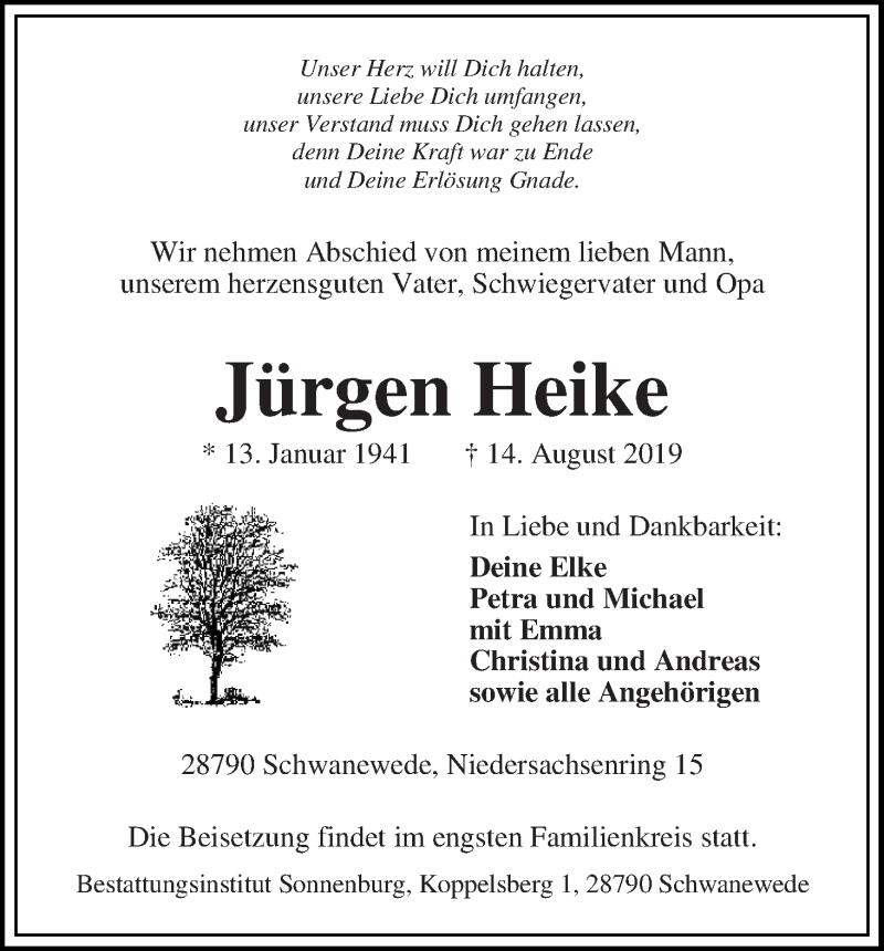  Traueranzeige für Jürgen Heike vom 24.08.2019 aus Die Norddeutsche