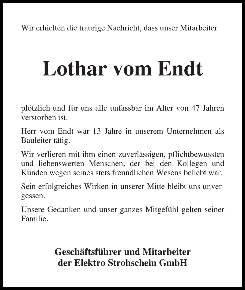  Traueranzeige für Lothar vom Endt vom 24.08.2019 aus WESER-KURIER