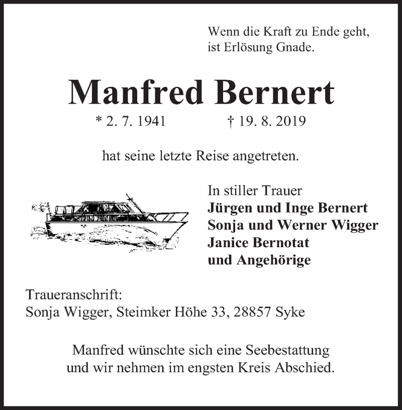  Traueranzeige für Manfred Bernert vom 24.08.2019 aus WESER-KURIER