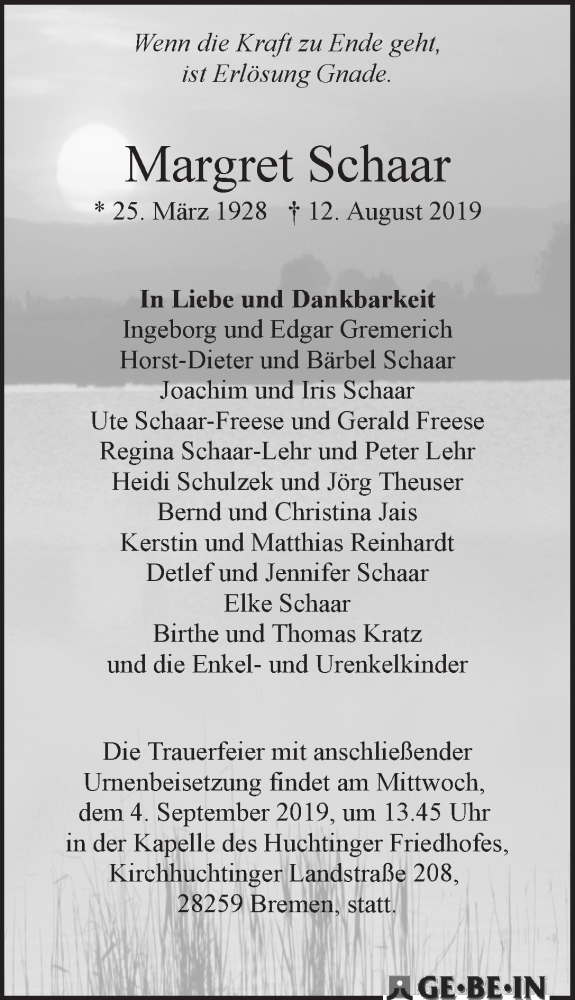  Traueranzeige für Margret Schaar vom 31.08.2019 aus WESER-KURIER
