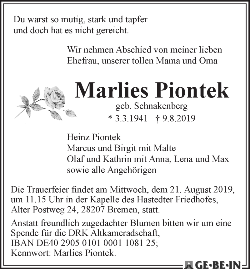  Traueranzeige für Marlies Piontek vom 14.08.2019 aus WESER-KURIER