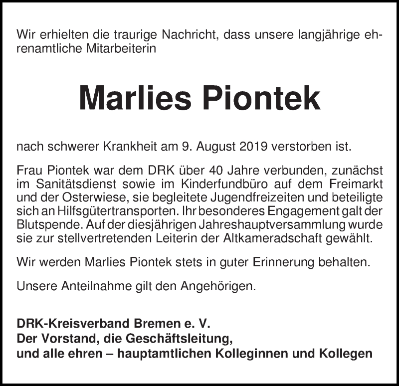  Traueranzeige für Marlies Piontek vom 14.08.2019 aus WESER-KURIER