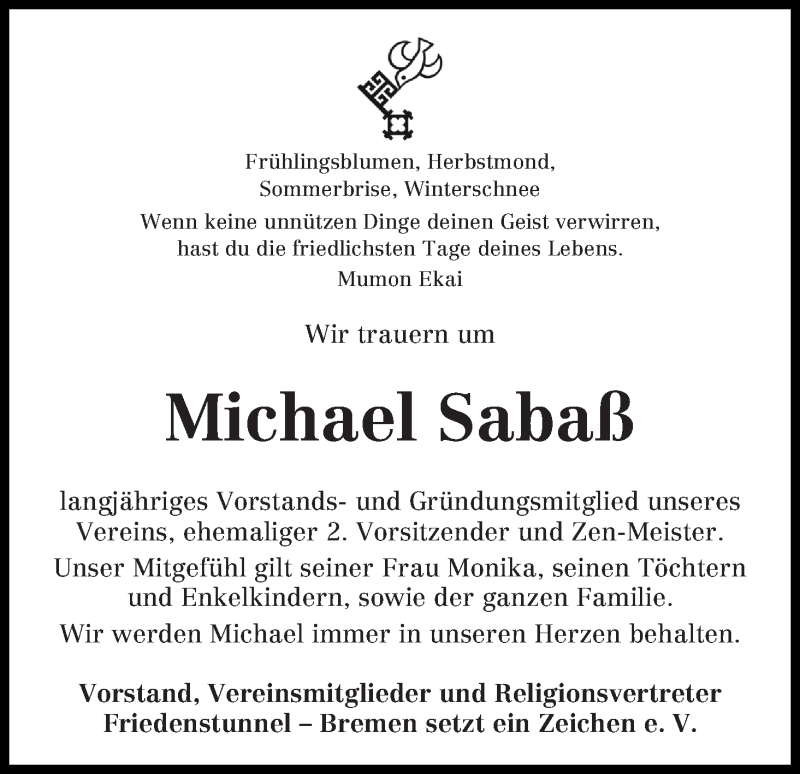 Traueranzeige von Michael Sabaß-Germershausen von WESER-KURIER