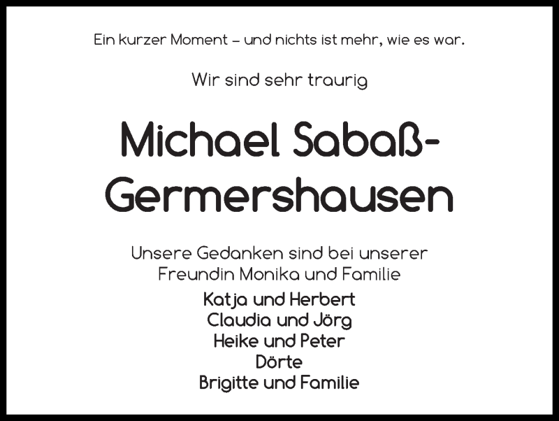 Traueranzeige von Michael Sabaß-Germershausen von WESER-KURIER