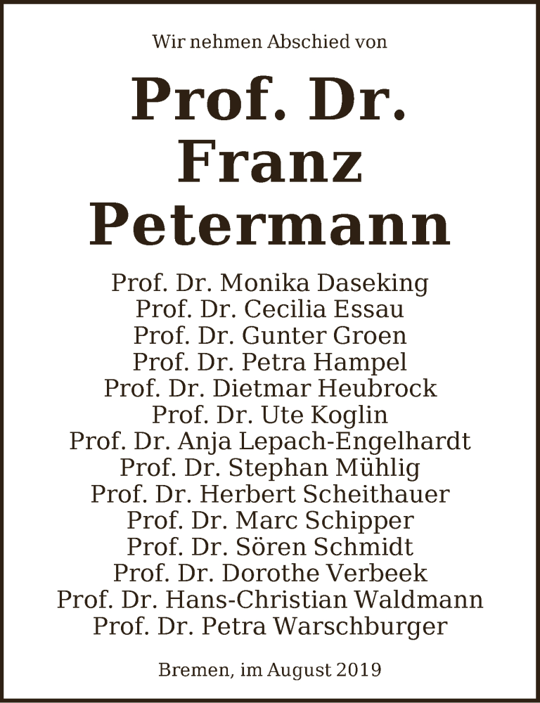 Traueranzeige von Prof. Dr. Franz Petermann von WESER-KURIER