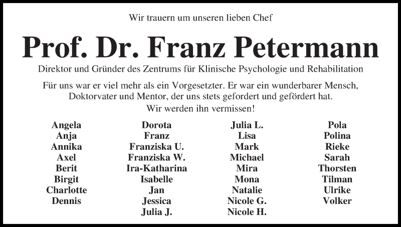 Traueranzeige von Prof. Dr. Franz Petermann von WESER-KURIER