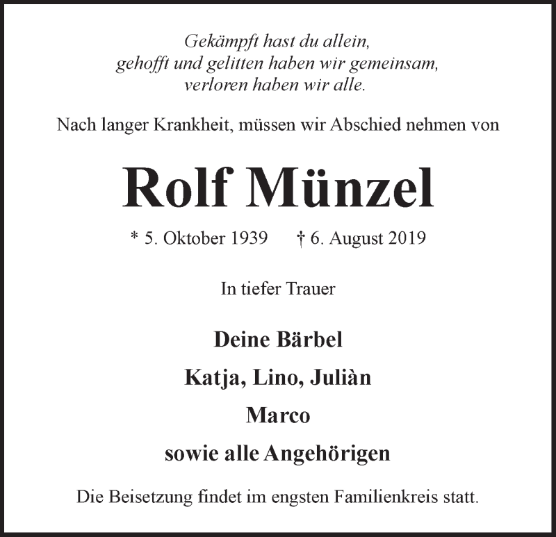  Traueranzeige für Rolf Münzel vom 17.08.2019 aus WESER-KURIER