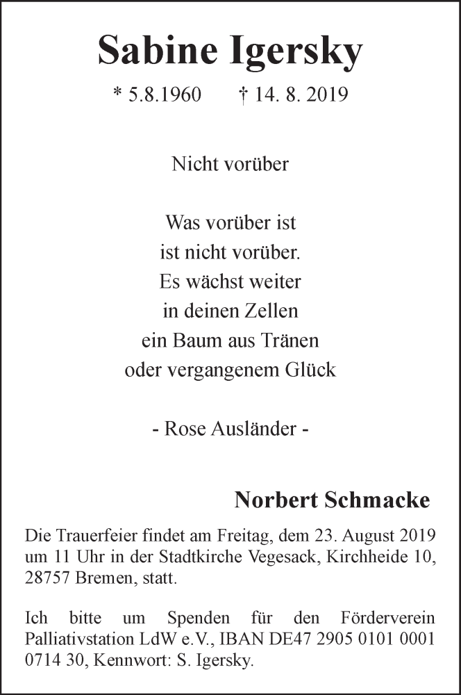  Traueranzeige für Sabine Igersky vom 17.08.2019 aus WESER-KURIER