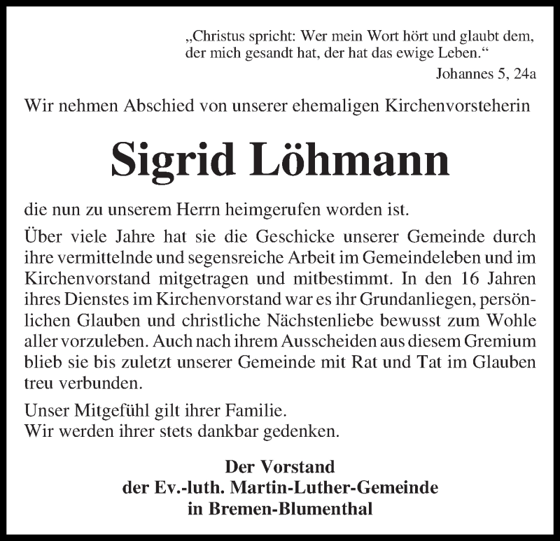 Traueranzeige von Sigrid Löhmann von Die Norddeutsche