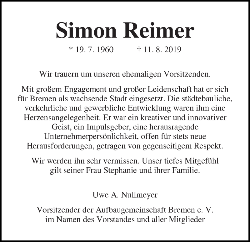  Traueranzeige für Simon Reimer vom 21.08.2019 aus WESER-KURIER