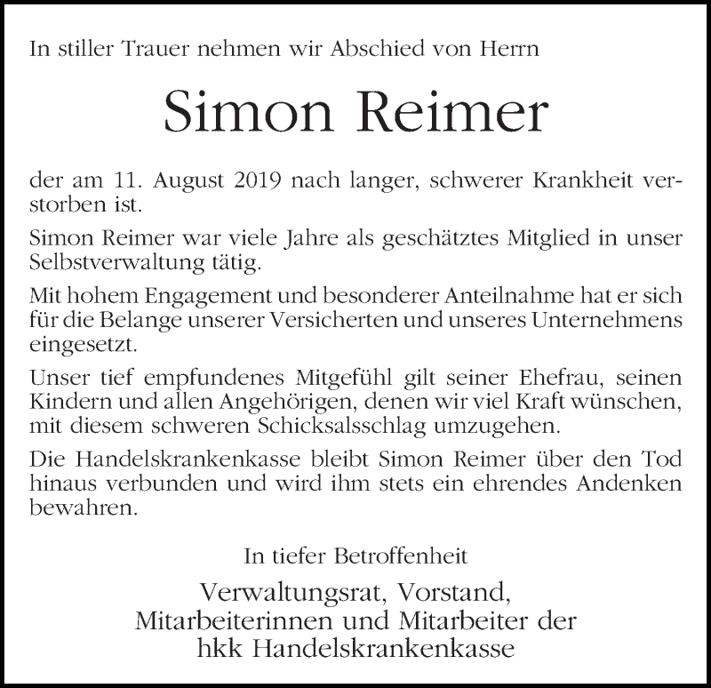  Traueranzeige für Simon Reimer vom 17.08.2019 aus WESER-KURIER