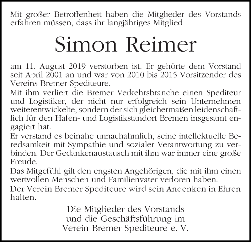  Traueranzeige für Simon Reimer vom 17.08.2019 aus WESER-KURIER