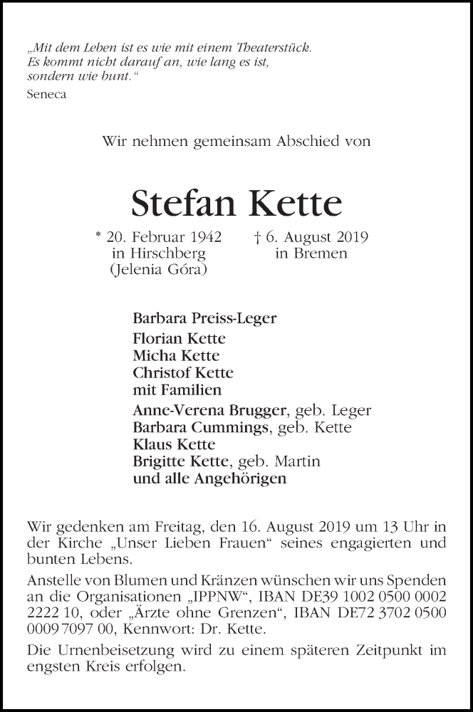  Traueranzeige für Stefan Kette vom 14.08.2019 aus WESER-KURIER
