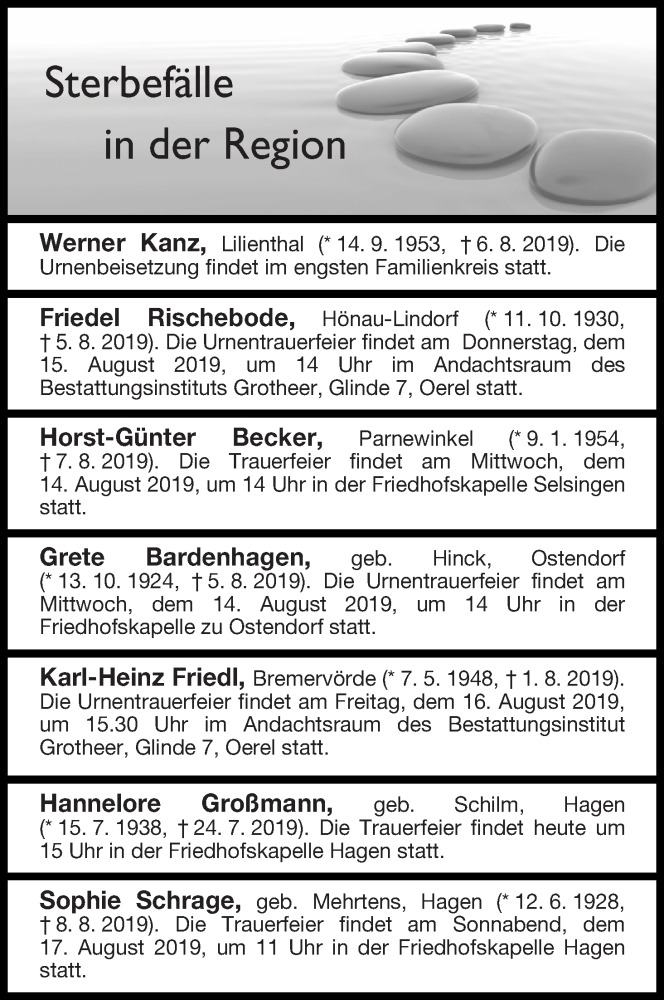 Traueranzeige von Sterbefälle in der Region Ausgabe 13.08.2019 von Osterholzer Kreisblatt