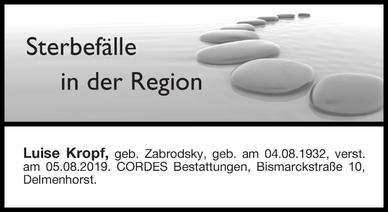 Traueranzeige von Sterbefälle in der Region Ausgabe 20.08.2019 von Delmenhorster Kurier