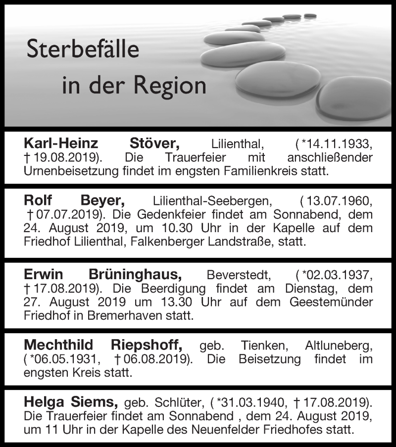 Traueranzeige von Sterbefälle in der Region Ausgabe 22.08.2019 von Osterholzer Kreisblatt