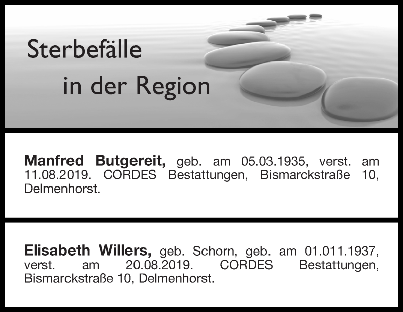 Traueranzeige von Sterbefälle in der Region Ausgabe 24.08.2019 von Delmenhorster Kurier