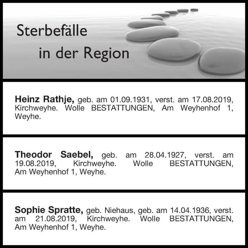 Traueranzeige von Sterbefälle in der Region Ausgabe 24.08.2019 von Regionale Rundschau/Syker Kurier