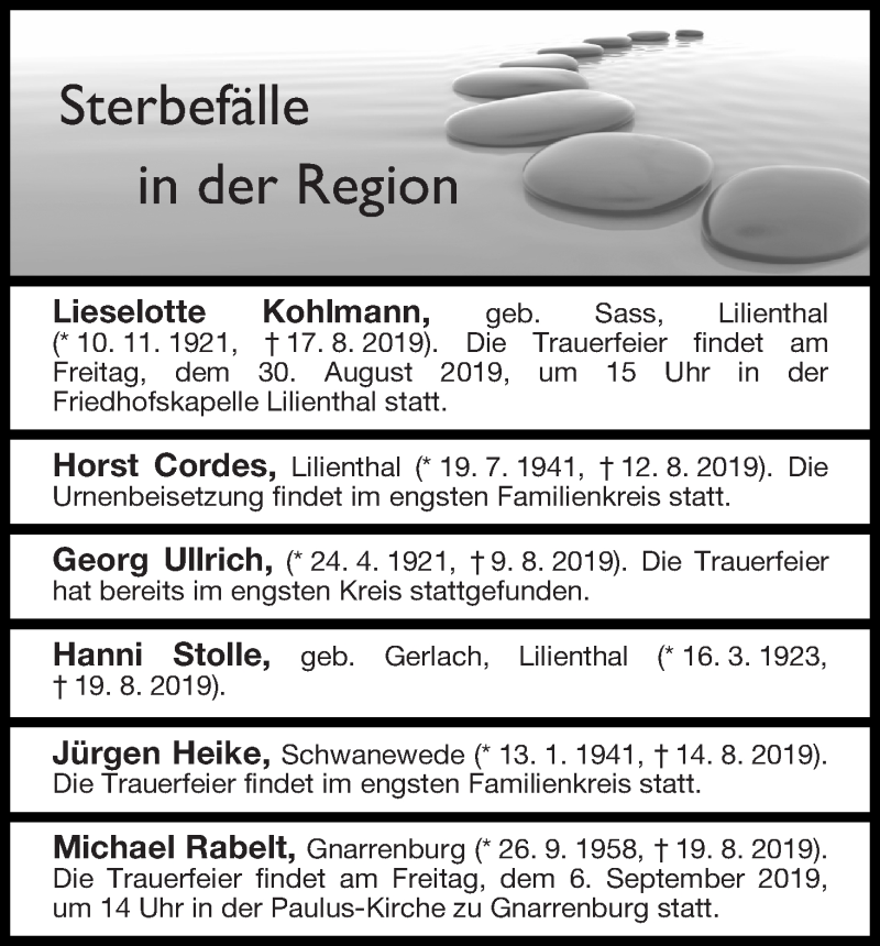 Traueranzeige von Sterbefälle in der Region Ausgabe 27.08.2019 von Osterholzer Kreisblatt