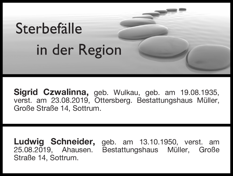 Traueranzeige von Sterbefälle in der Region Ausgabe 27.08.2019 von Achimer Kurier/Verdener Nachrichten