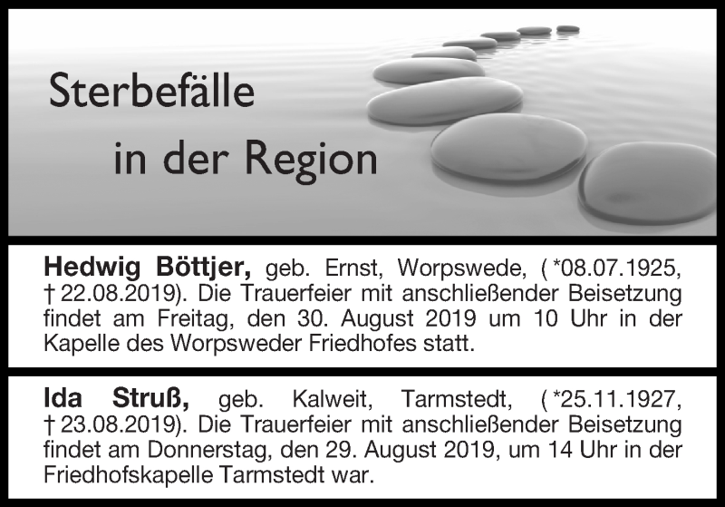 Traueranzeige von Sterbefälle in der Region Ausgabe 28.08.2019 von Osterholzer Kreisblatt