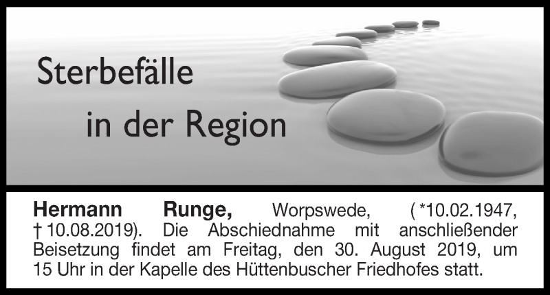 Traueranzeige von Sterbefälle in der Region Ausgabe 30.08.2019 von Osterholzer Kreisblatt