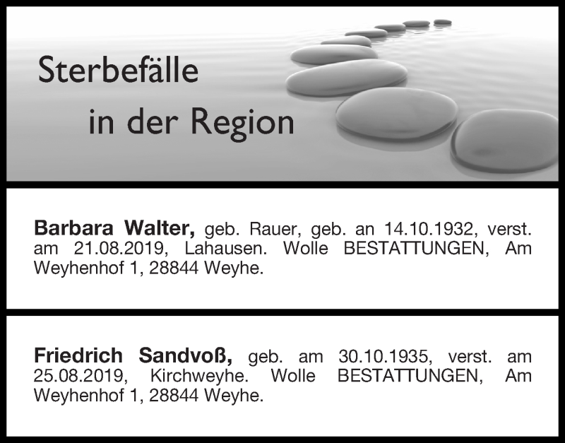 Traueranzeige von Sterbefälle in der Region Ausgabe 31.08.2019 von Regionale Rundschau/Syker Kurier