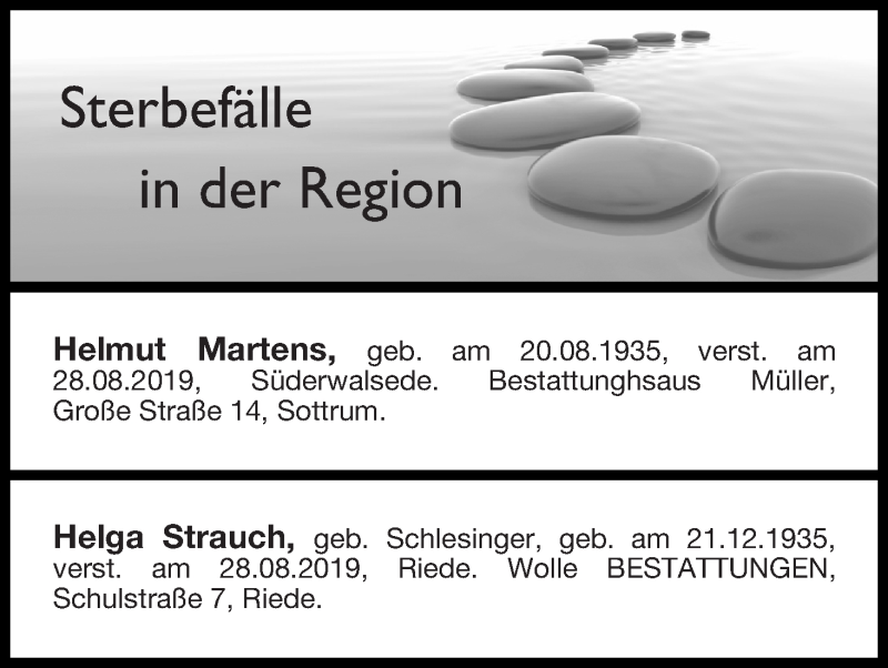 Traueranzeige von Sterbefälle in der Region Ausgabe 31.08.2019 von Achimer Kurier/Verdener Nachrichten