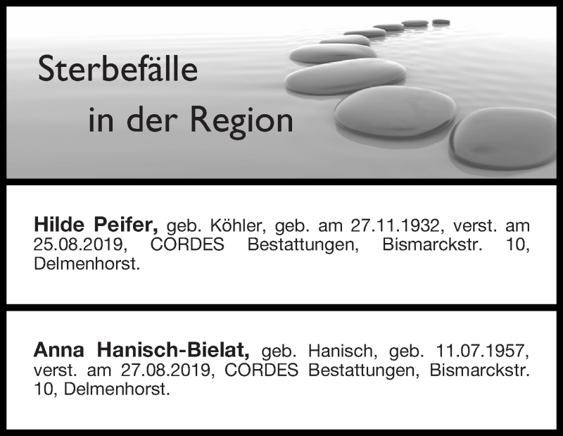 Traueranzeige von Sterbefälle in der Region Ausgabe 31.08.2019 von Delmenhorster Kurier