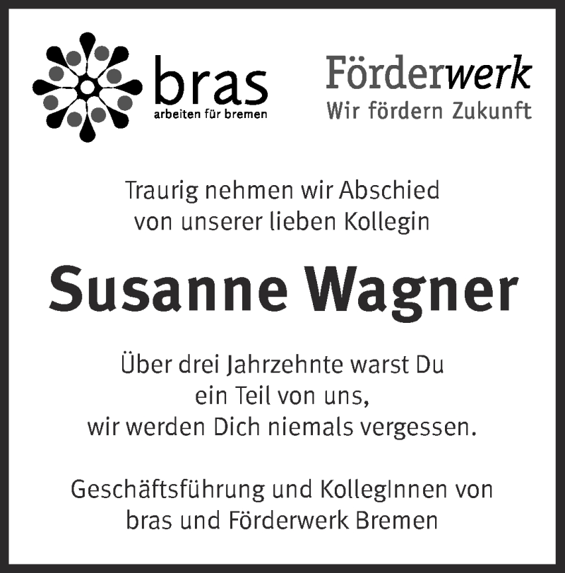  Traueranzeige für Susanne Wagner vom 17.08.2019 aus WESER-KURIER
