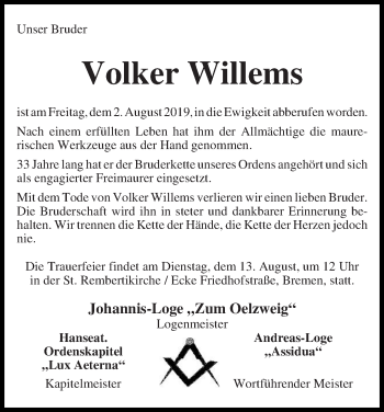 Traueranzeige von Volker Willems