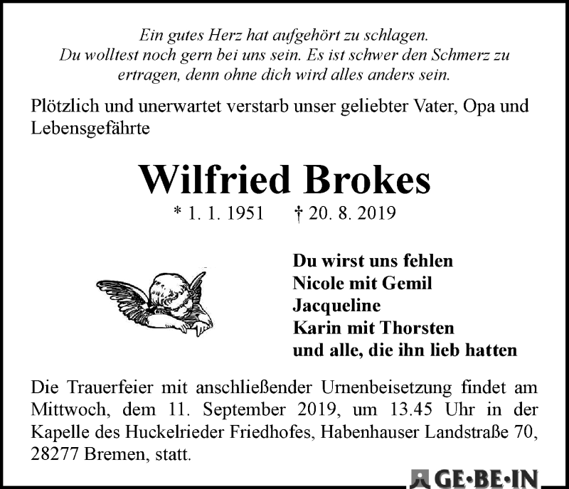  Traueranzeige für Wilfried Brokes vom 31.08.2019 aus WESER-KURIER