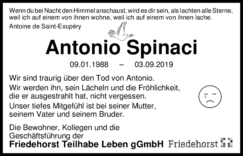  Traueranzeige für Antonio Spinaci vom 07.09.2019 aus WESER-KURIER