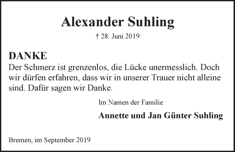  Traueranzeige für Alexander Suhling vom 07.09.2019 aus WESER-KURIER