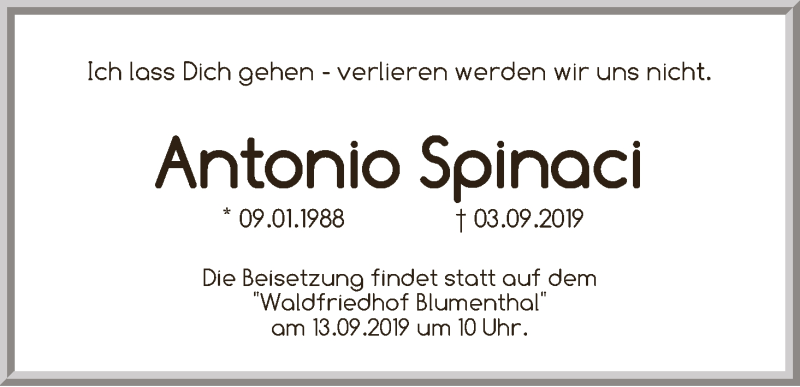  Traueranzeige für Antonio Spinaci vom 10.09.2019 aus WESER-KURIER