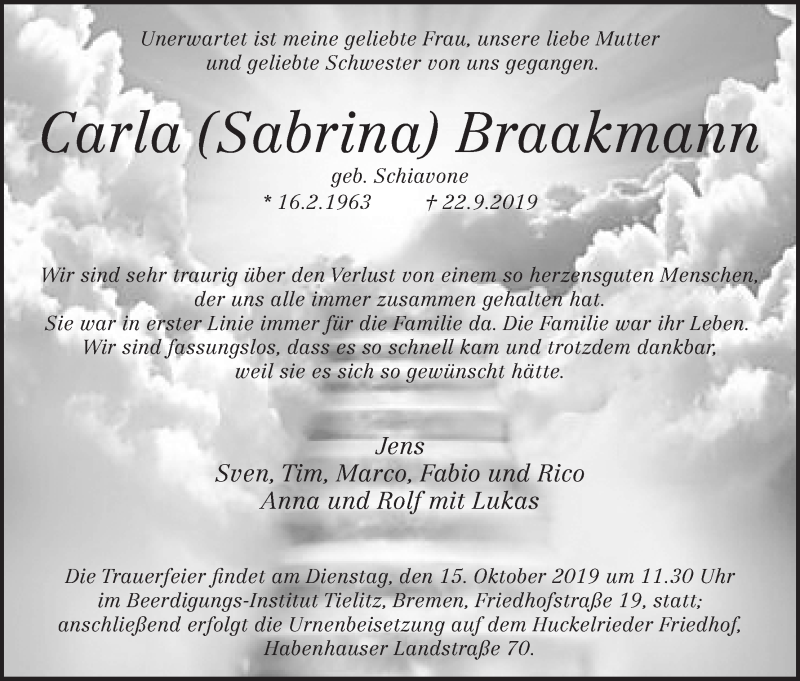 Traueranzeige von Carla (Sabrina) Braakmann von WESER-KURIER
