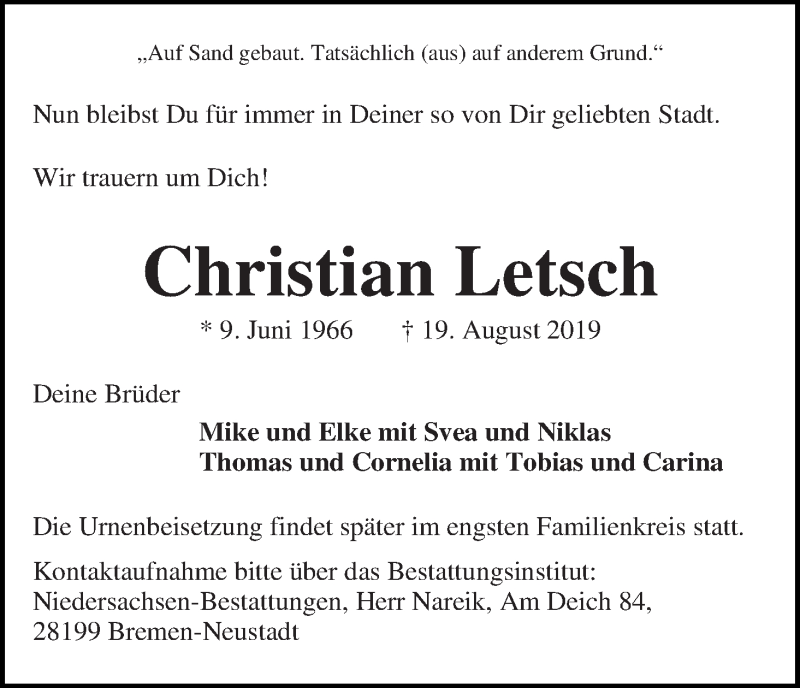  Traueranzeige für Christian Letsch vom 14.09.2019 aus WESER-KURIER