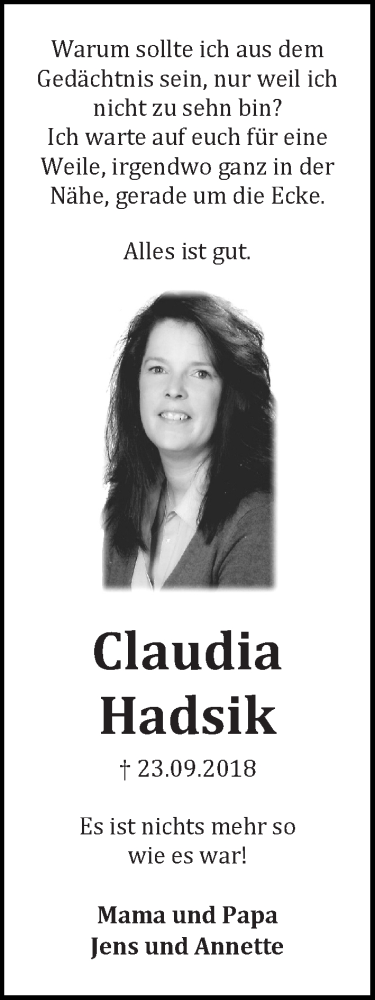  Traueranzeige für Claudia Hadsik vom 23.09.2019 aus WESER-KURIER