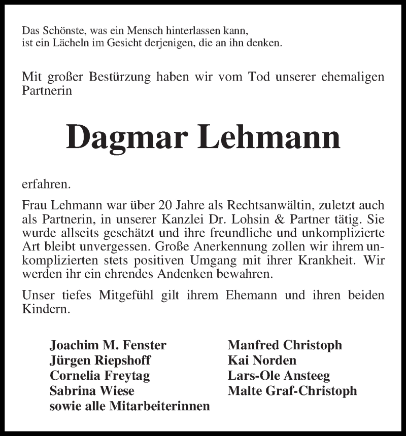  Traueranzeige für Dagmar Lehmann vom 28.09.2019 aus Die Norddeutsche